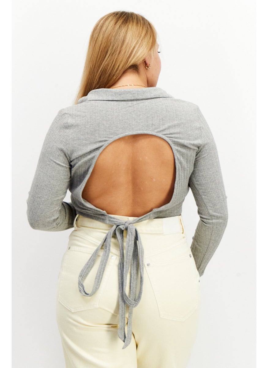 SkyLar Rose Women V-Neck  long Sleeve Textured Crop Top, Grey  - Image 2