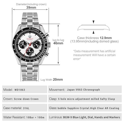 watchdives WD1860 WD1861 WD1863 Mens Chronograph Watch Japan VK63 Quartz Sports Watches 40mm Bubble Sapphire Crystal Wristwatch 100M Dive Watch Black White Panda Dial WD1863 Screw Bracelet - Image 3