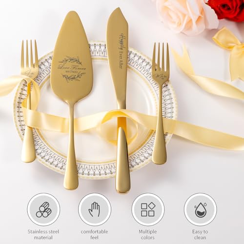VARLKA Wedding Cake Knife and Server Set, Mr and Mrs Champagne Flutes Glasses & Forks with Wooden Box, Gold Cake Cutting Set for Wedding Engagement Bridal Shower Gifts - Image 4