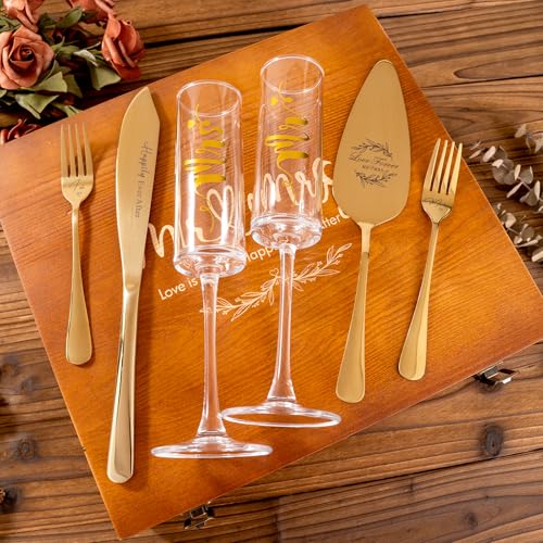 VARLKA Wedding Cake Knife and Server Set, Mr and Mrs Champagne Flutes Glasses & Forks with Wooden Box, Gold Cake Cutting Set for Wedding Engagement Bridal Shower Gifts - Image 2