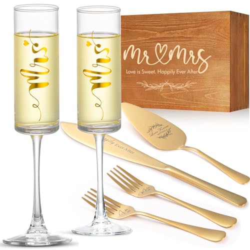 VARLKA Wedding Cake Knife and Server Set, Mr and Mrs Champagne Flutes Glasses & Forks with Wooden Box, Gold Cake Cutting Set for Wedding Engagement Bridal Shower Gifts - Image 1