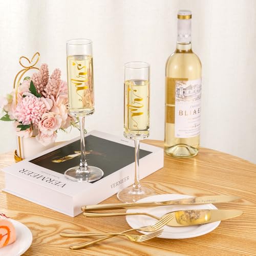 VARLKA Wedding Cake Knife and Server Set, Mr and Mrs Champagne Flutes Glasses & Forks with Wooden Box, Gold Cake Cutting Set for Wedding Engagement Bridal Shower Gifts - Image 3
