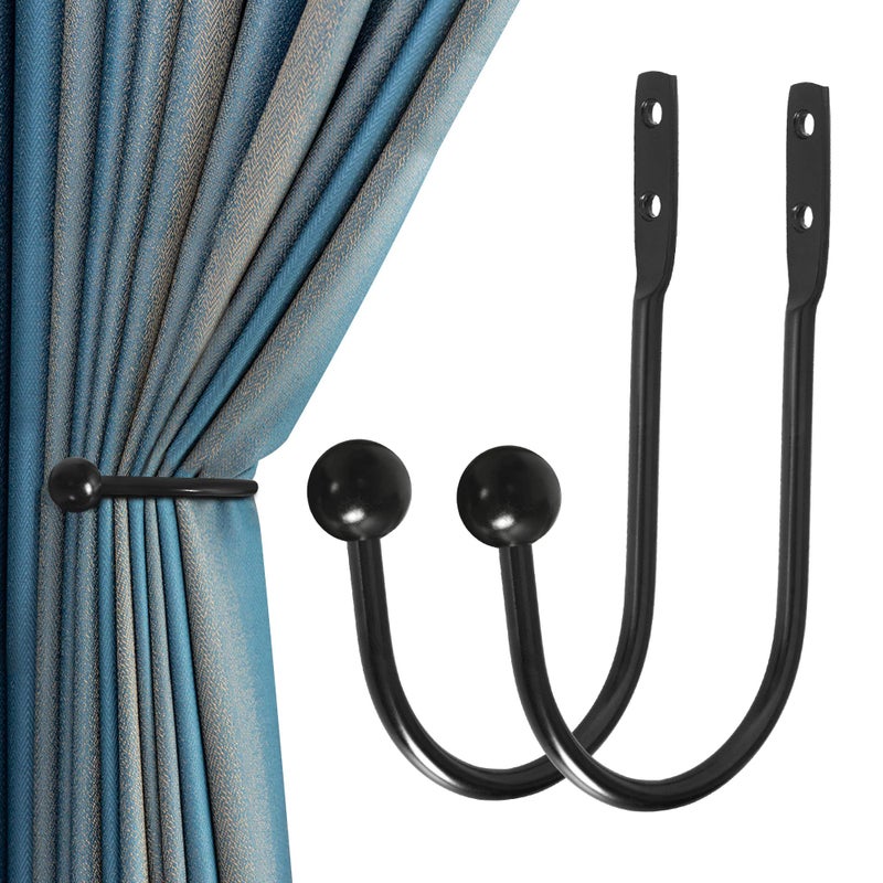 Curtain Holdback 2 Pcs Wall Mounted Drapery Tiebacks with Screws Heavy Duty Metal Decorative Window Drapery Holder Curtain Hook Black
