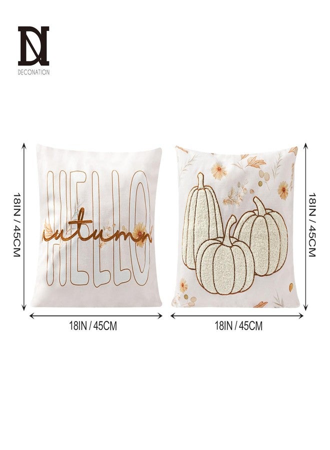 DN DECONATION Fall Decor Pillow Covers 18x18 Set of 2, Hello Autumn Throw Pillows Covers, Embroidered Pumpkins Pillow Couch Cover, Decorative Pillows Case for Farmhouse Thanksgiving Decoration- Beige - Image 3