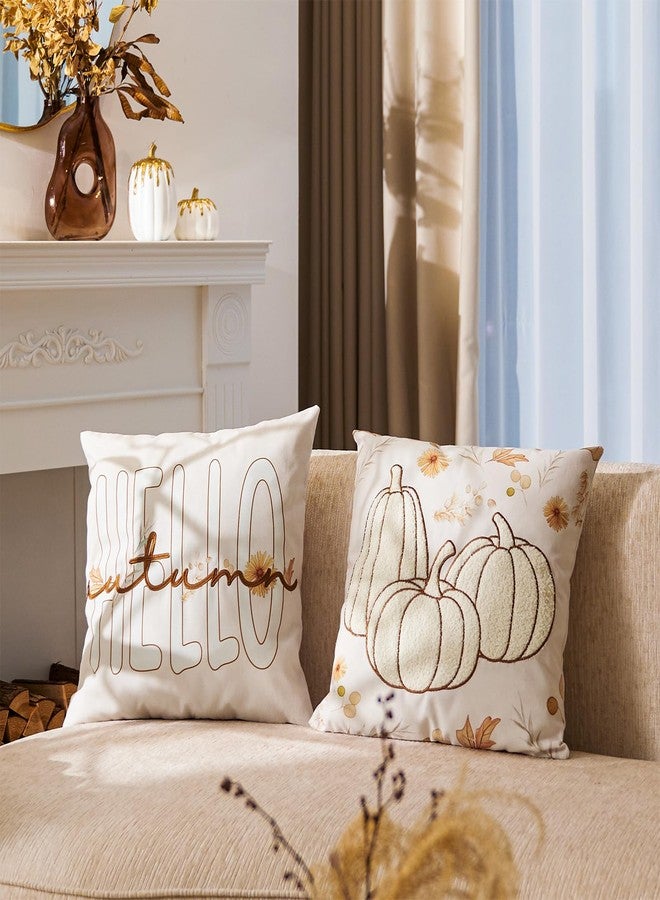 DN DECONATION Fall Decor Pillow Covers 18x18 Set of 2, Hello Autumn Throw Pillows Covers, Embroidered Pumpkins Pillow Couch Cover, Decorative Pillows Case for Farmhouse Thanksgiving Decoration- Beige - Image 2