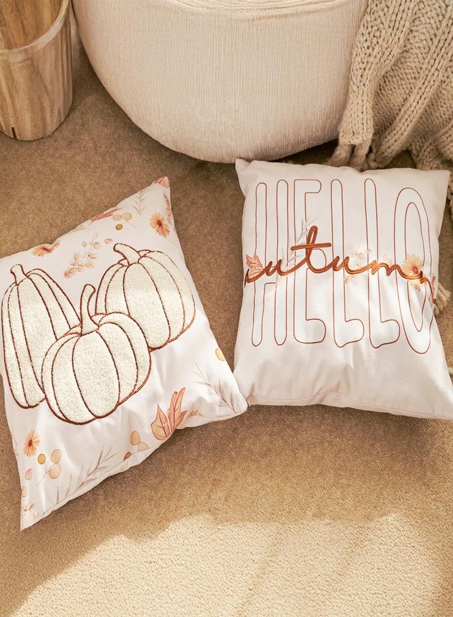 DN DECONATION Fall Decor Pillow Covers 18x18 Set of 2, Hello Autumn Throw Pillows Covers, Embroidered Pumpkins Pillow Couch Cover, Decorative Pillows Case for Farmhouse Thanksgiving Decoration- Beige - Image 1