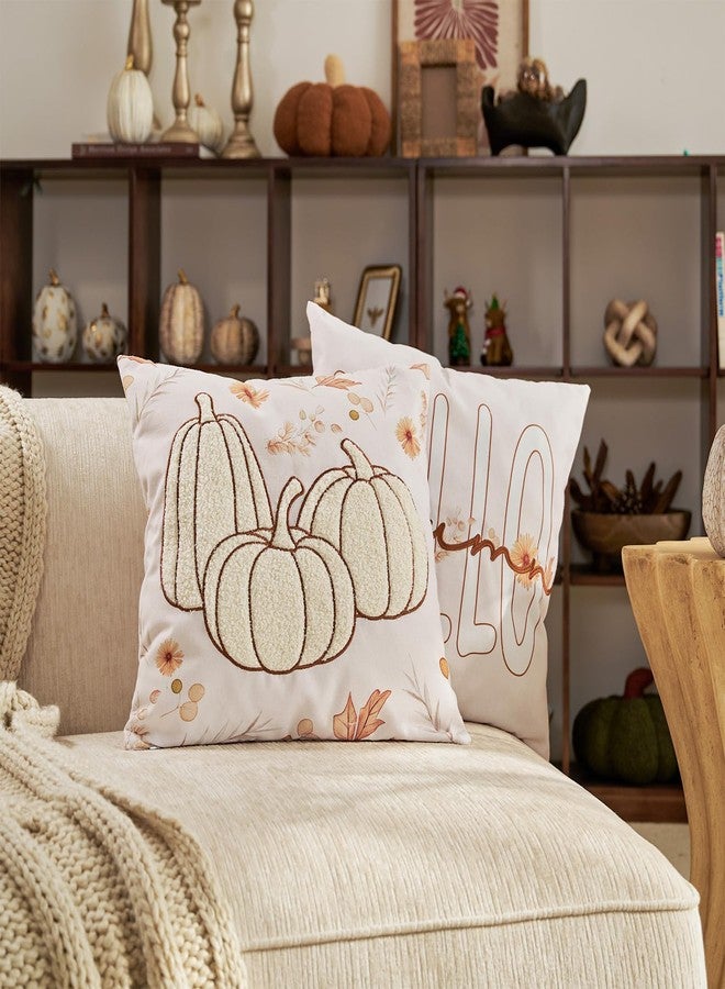 DN DECONATION Fall Decor Pillow Covers 18x18 Set of 2, Hello Autumn Throw Pillows Covers, Embroidered Pumpkins Pillow Couch Cover, Decorative Pillows Case for Farmhouse Thanksgiving Decoration- Beige - Image 4