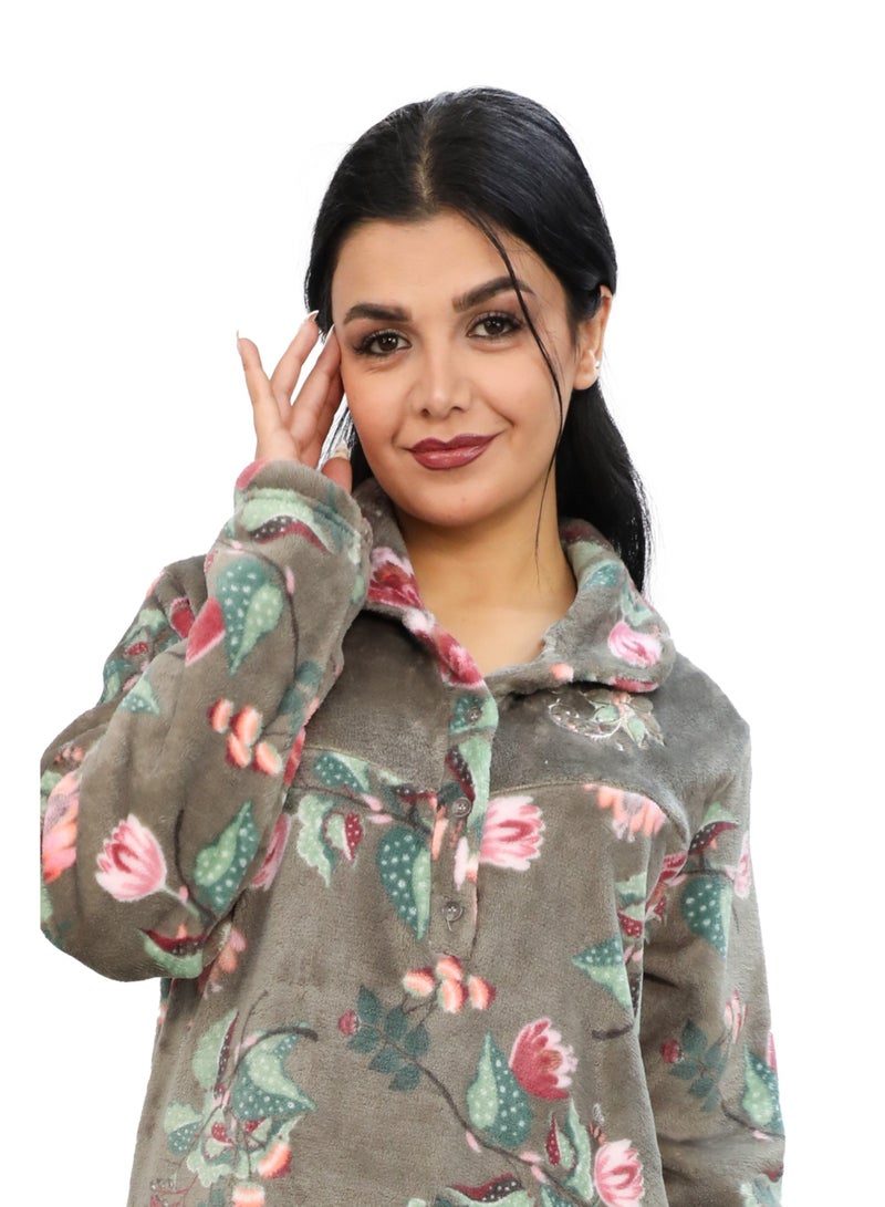 دعدوش قميص نوم نسائي طويل بنقشة زهور، ، ثوب حريمي ماكسي للنساء توفر تغطية كاملة من دعدوش ,عباءة بيتي مصنوعة من القطيفة الناعمة . - Image 2