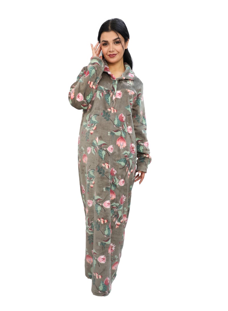 دعدوش قميص نوم نسائي طويل بنقشة زهور، ، ثوب حريمي ماكسي للنساء توفر تغطية كاملة من دعدوش ,عباءة بيتي مصنوعة من القطيفة الناعمة . - Image 1