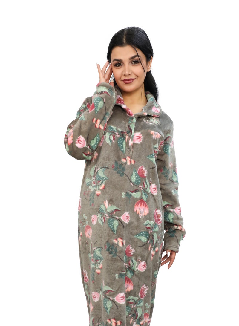 دعدوش قميص نوم نسائي طويل بنقشة زهور، ، ثوب حريمي ماكسي للنساء توفر تغطية كاملة من دعدوش ,عباءة بيتي مصنوعة من القطيفة الناعمة . - Image 3