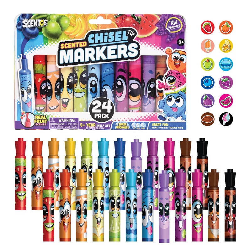 Scentos Fruit Scented Chisel Tip Markers, 24 Pack, Kid Approved, Super Washable, for Posters and Science Fairs, Assorted Colors - Image 1