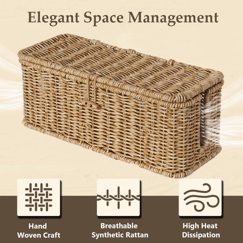BROWNLILY Cable Management Box, Rattan Style Cord Organizer for Desk Cord Hider Outlet Covers Baby Proofing for Power Strip TV PC Router Charger Under Desk Storage with Lockable Lid and Cable Ties - Image 3