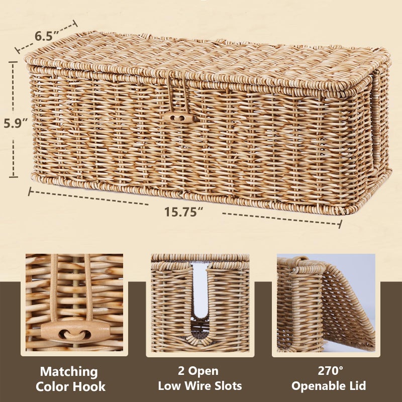 BROWNLILY Cable Management Box, Rattan Style Cord Organizer for Desk Cord Hider Outlet Covers Baby Proofing for Power Strip TV PC Router Charger Under Desk Storage with Lockable Lid and Cable Ties - Image 2