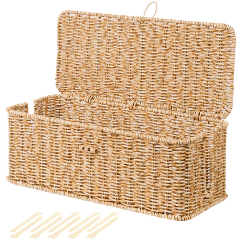 BROWNLILY Cable Management Box, Rattan Style Cord Organizer for Desk Cord Hider Outlet Covers Baby Proofing for Power Strip TV PC Router Charger Under Desk Storage with Lockable Lid and Cable Ties - Image 1