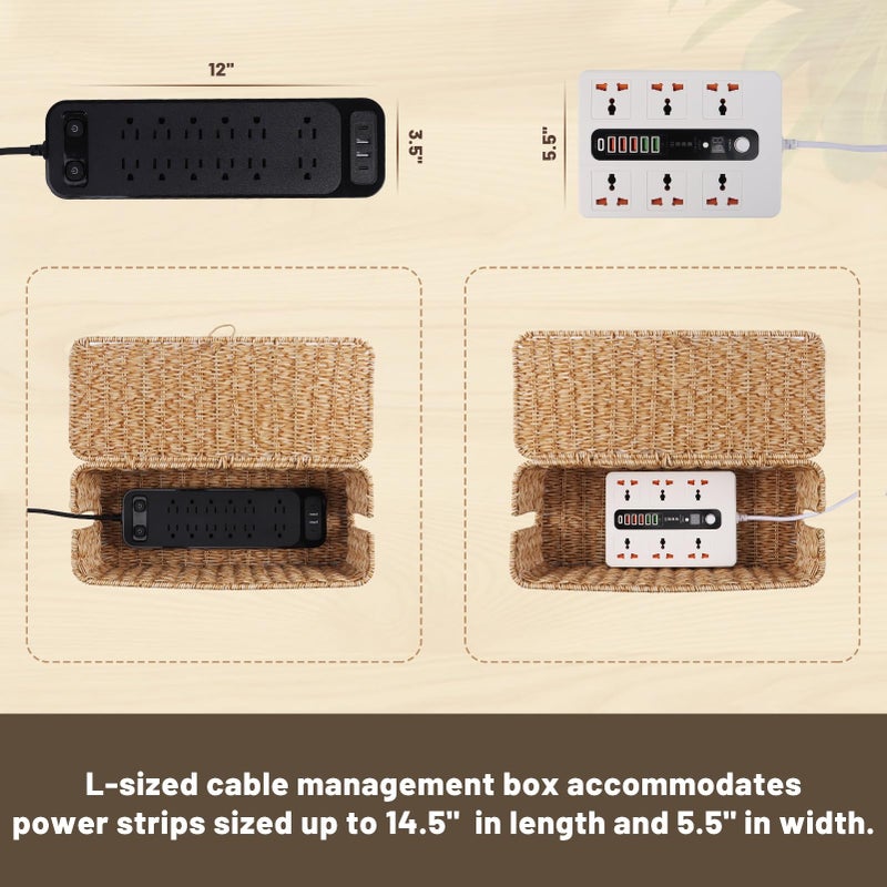 BROWNLILY Cable Management Box, Rattan Style Cord Organizer for Desk Cord Hider Outlet Covers Baby Proofing for Power Strip TV PC Router Charger Under Desk Storage with Lockable Lid and Cable Ties - Image 4