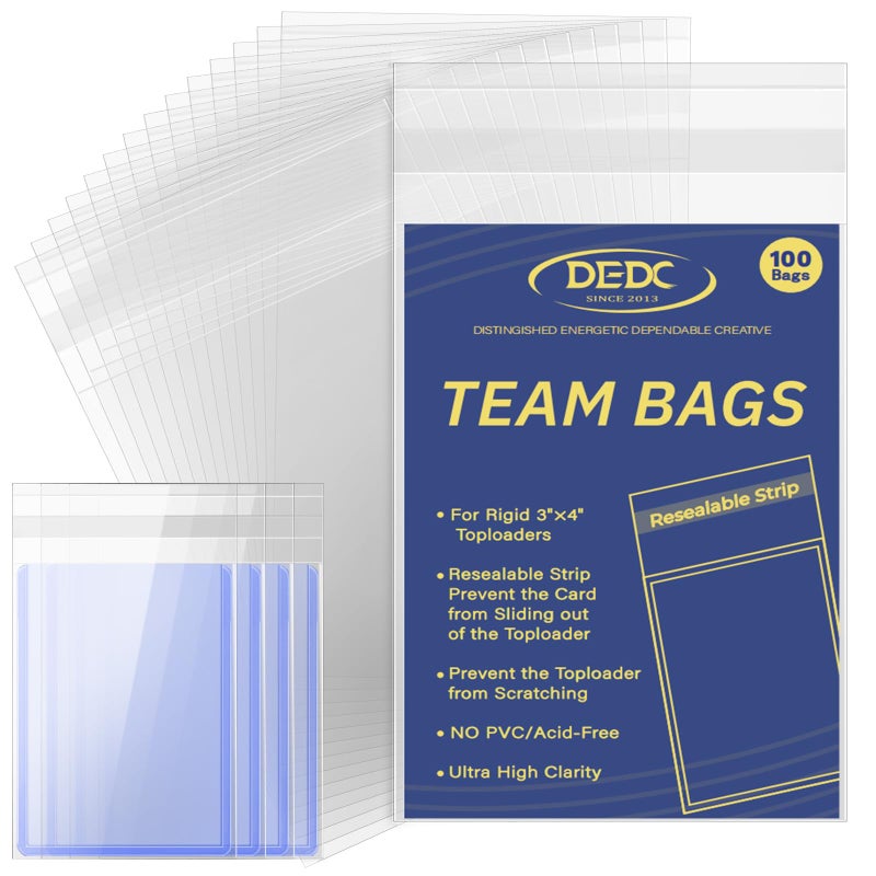 DEDC 100 Pcs Team Bags for Trading Cards, Team Bag Fit 3x4inch 35PT Top Loaders for TCG MTG Shipping Sports Graded Card TOP Loader Sleeves Protector - Image 1