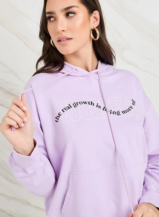 ستايلي Oversized Slogan Print Regular Length Hoodie