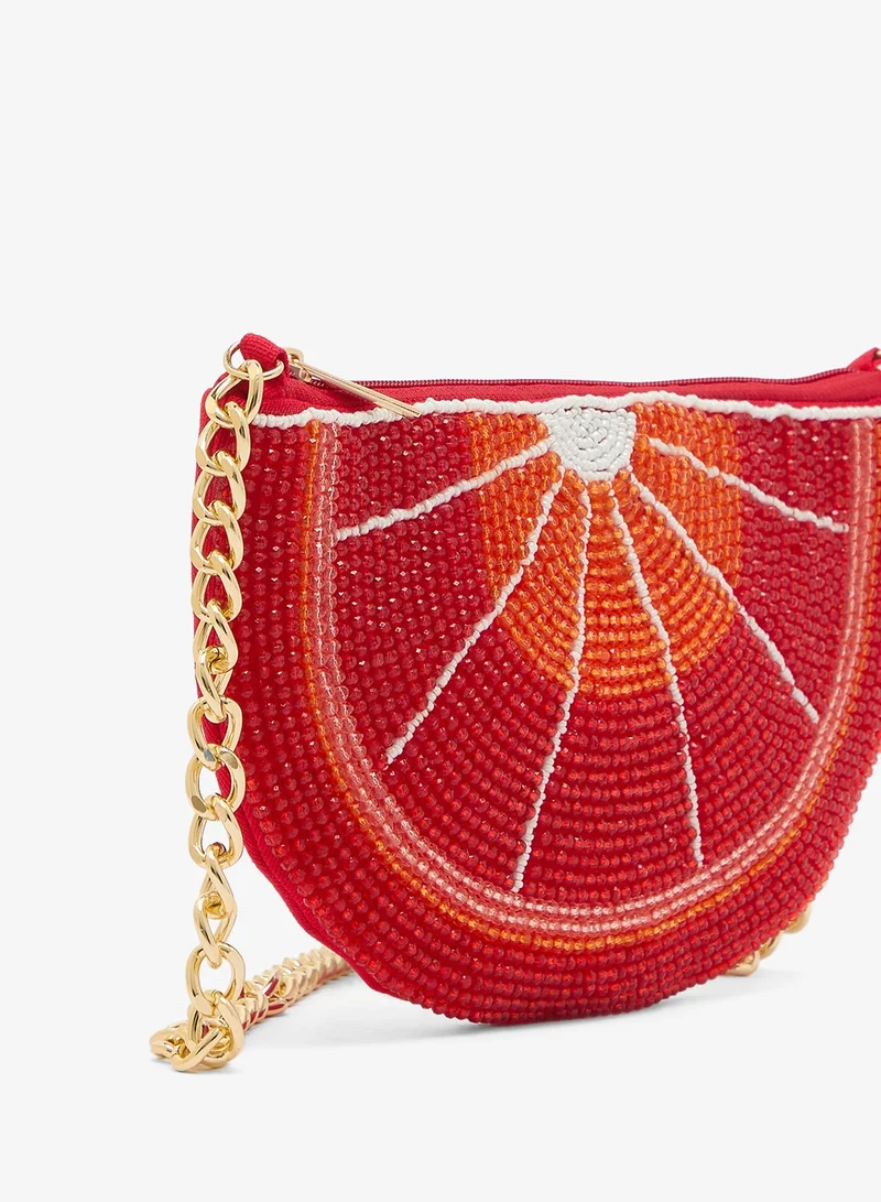 Ginger Boutique Red Embroidered Beaded Fruit Print Clutch With Chain for Women | Best Price UAE