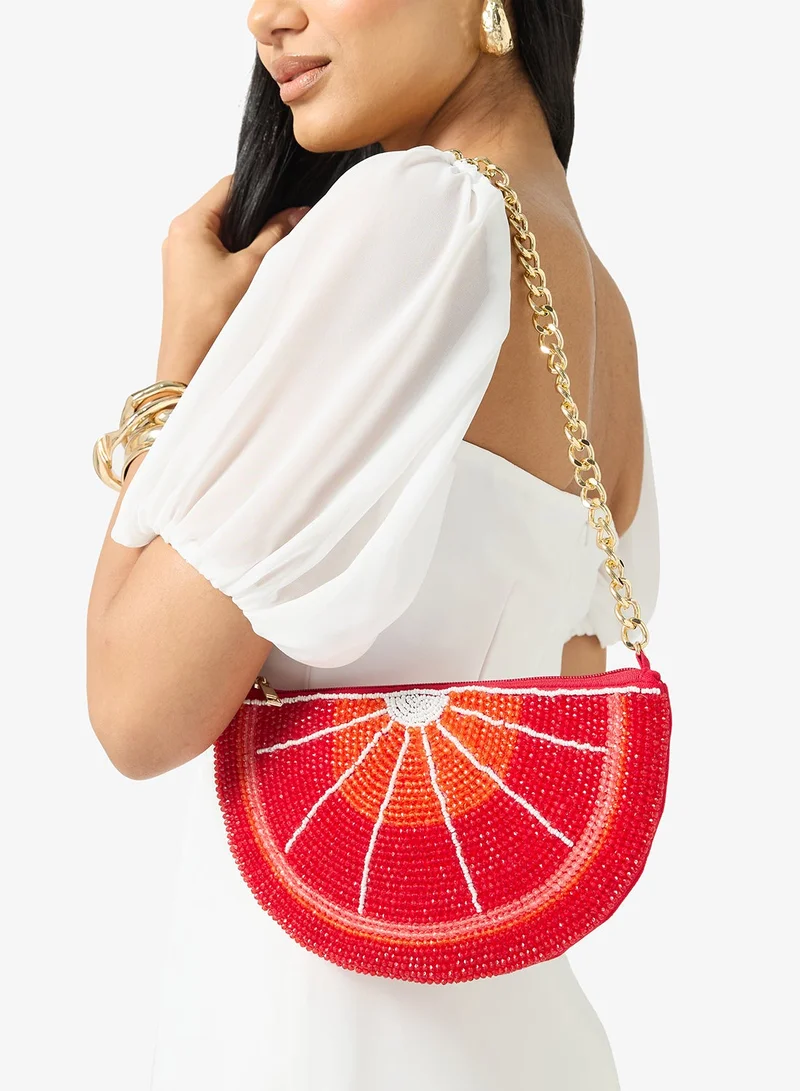 جينجر بوتيك حقيبة يد مطرزة بالخرز بطبعة فاكهة مع سلسلة