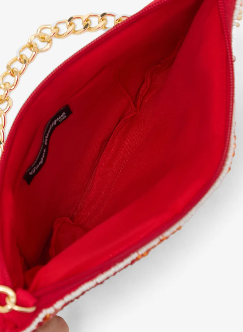 Ginger Boutique Red Embroidered Beaded Fruit Print Clutch With Chain for Women | Best Price UAE