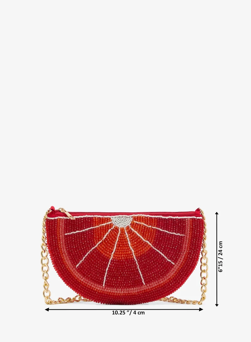 Ginger Boutique Red Embroidered Beaded Fruit Print Clutch With Chain for Women | Best Price UAE