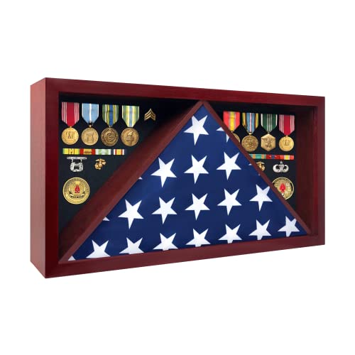 ILOT Large Military Shadow Box  Solid Wood Flag Case for 5 x 95 American Veteran Burial Flag Velvet Like Felt Lining for Medals and Polished Plexiglass Mahogany