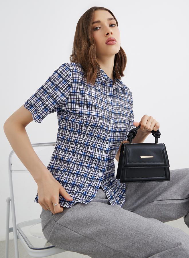 تايك تو قميص نسائي كاروهات بأكمام قصيرة ومقاس عادي - Image 1