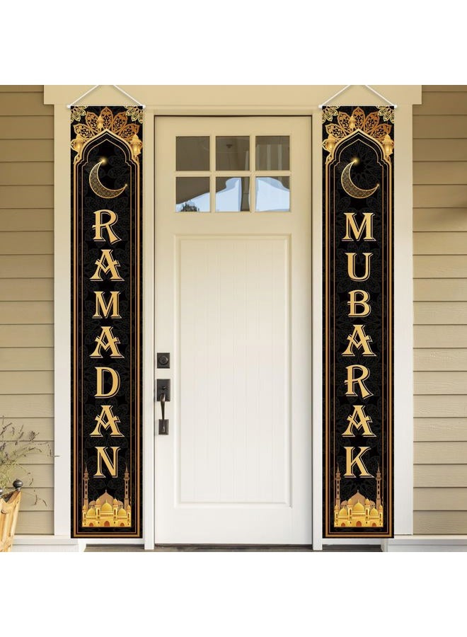 OTTPOOM Ramadan Banner Black and Gold Ramadan Decorations Ramadan Mubarak Hanging Porch Banner for Indoor Outdoor, 12 X 71 Inch - Image 3