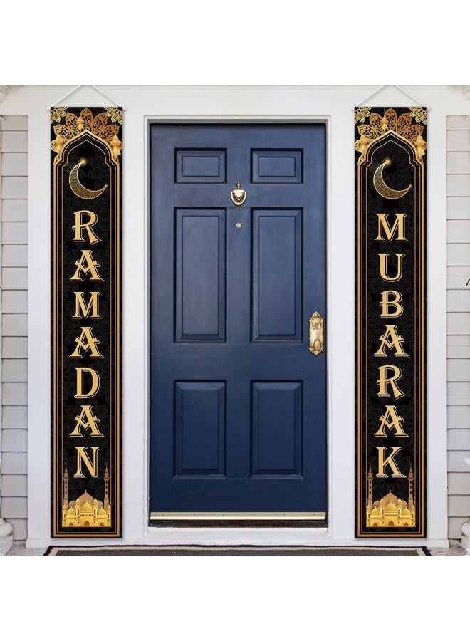 OTTPOOM Ramadan Banner Black and Gold Ramadan Decorations Ramadan Mubarak Hanging Porch Banner for Indoor Outdoor, 12 X 71 Inch - Image 1