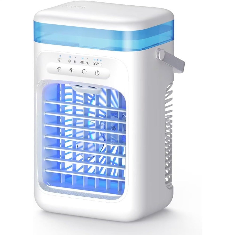 Portable Mini Desktop Air Conditioner Fan for office use, evaporative cooling, white plastic body, ultra-quiet operation with timer and LED light