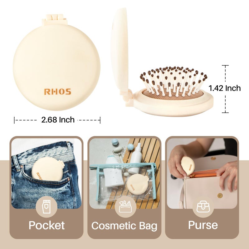 RHOS Compact Foldable Hair Brush with Mirror for Women, Men & Kids - Small Pocket & Portable Travel Brush (Beige) - Image 2