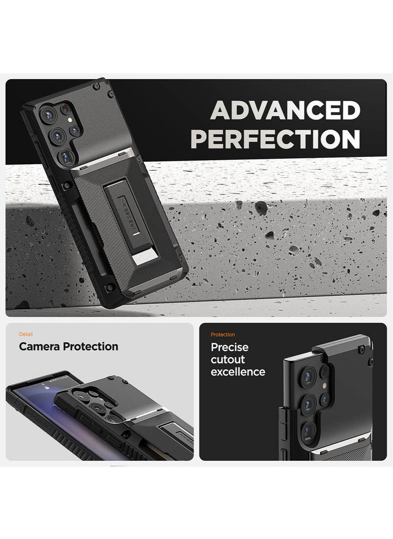 VRS Design - Damda Glide Hybrid Samsung Galaxy S24 ULTRA Case Cover Wallet with Semi Automatic Credit Card Holder Slot [3-4 Cards] & Kickstand - Black Groove - Image 1