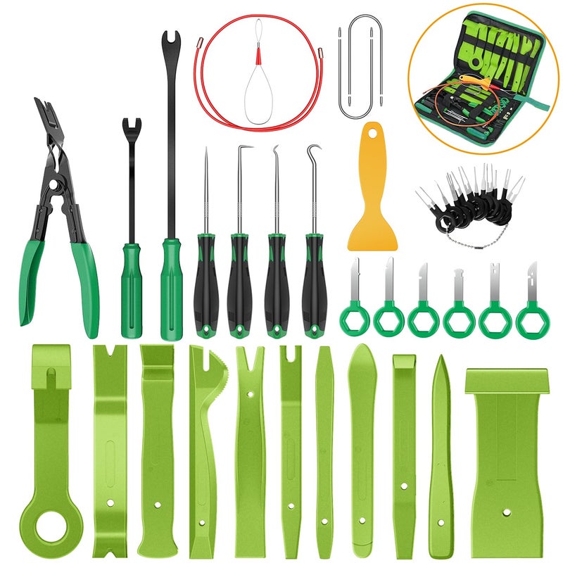 GOOACC 40Pcs Trim Removal Tool,Auto Terminal Removal Key Tool,Auto Clip Pliers Stereo Removal Tools,Car Upholstery Repair Removal Kit,Precision Hook and Pick Set,Wiring Threader,Car Film Scrape-Green - Image 1