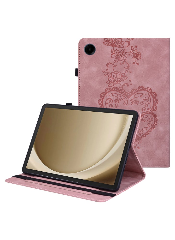 For Samsung Galaxy Tab A9+ Leather Case Heart Imprint Foldable Stand Card Slot Stylus Holder Tablet Cover - Pink - Image 1
