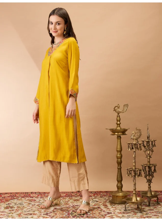 جلو باص Women Mustard V-Neck Bell Sleeves Gotta Patti Lace Detail A-line Festive Kurta