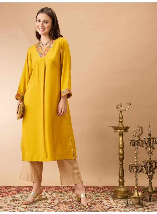 جلو باص Women Mustard V-Neck Bell Sleeves Gotta Patti Lace Detail A-line Festive Kurta