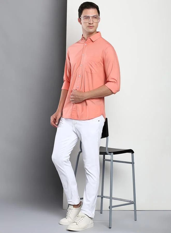 Dennis Lingo Slim Fit Coral Men's Casual Shirt, Spread Collar, Full Sleeves, 100% Cotton,