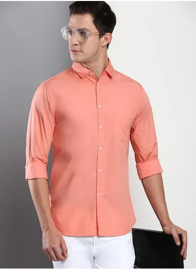 دينيس لينغو Slim Fit Coral Men's Casual Shirt, Spread Collar, Full Sleeves, 100% Cotton,