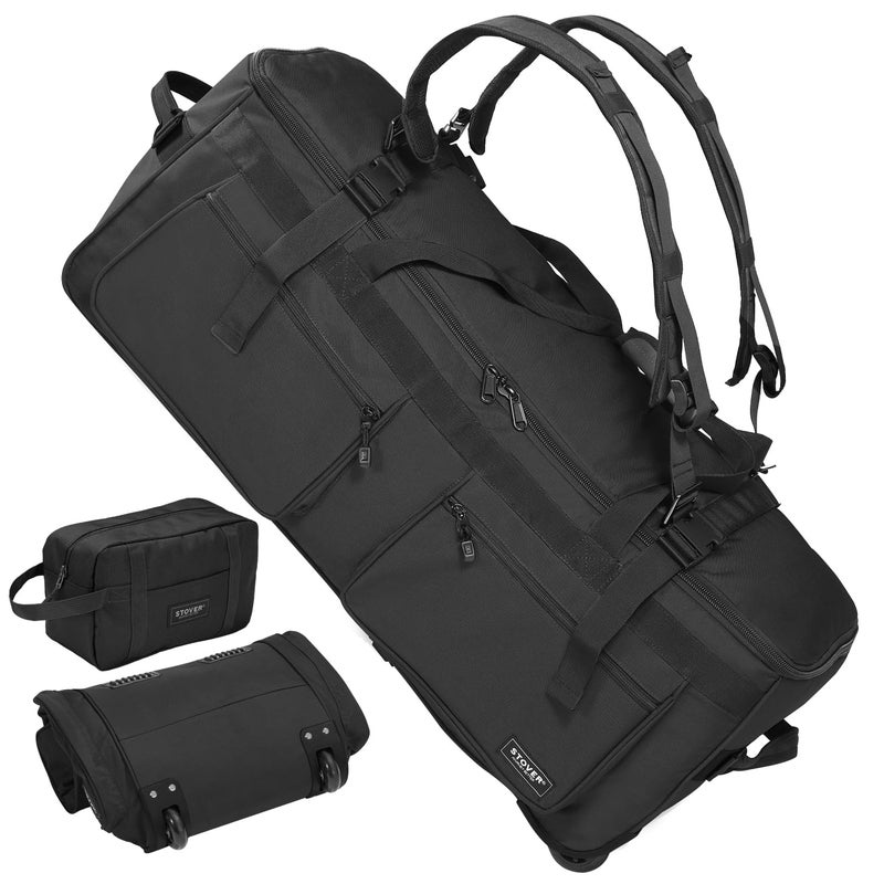 STOVER 100L U-Zip Rolling Duffel Bag with Wheels, X-Large Durable Travel Duffle + Toiletry Bag, Heavy Duty, Lay-Flat Opening, Packable w/Shoulder Straps- Use as Luggage or Backpack, Men/Women (Black) - Image 1