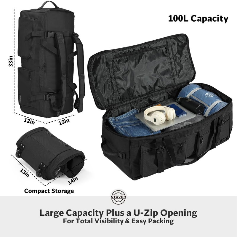 STOVER 100L U-Zip Rolling Duffel Bag with Wheels, X-Large Durable Travel Duffle + Toiletry Bag, Heavy Duty, Lay-Flat Opening, Packable w/Shoulder Straps- Use as Luggage or Backpack, Men/Women (Black) - Image 2