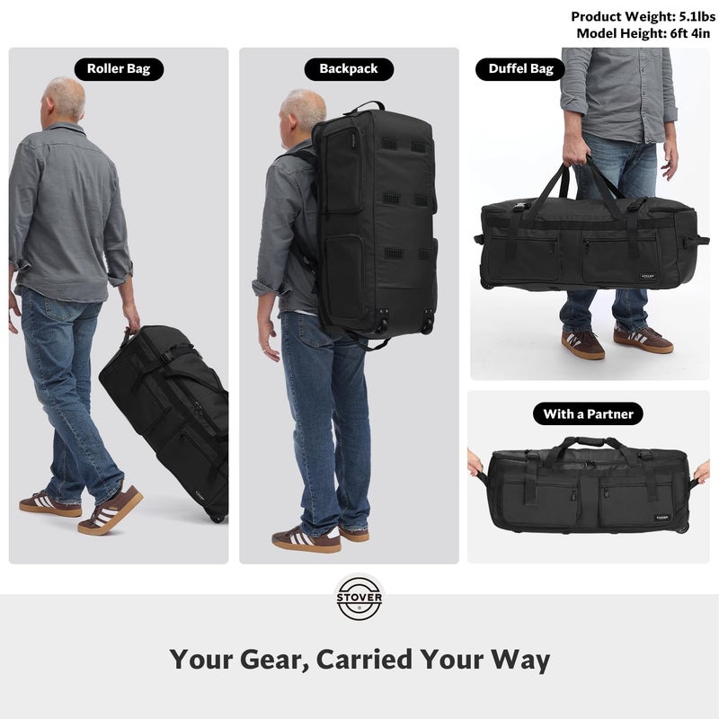 STOVER 100L U-Zip Rolling Duffel Bag with Wheels, X-Large Durable Travel Duffle + Toiletry Bag, Heavy Duty, Lay-Flat Opening, Packable w/Shoulder Straps- Use as Luggage or Backpack, Men/Women (Black) - Image 3