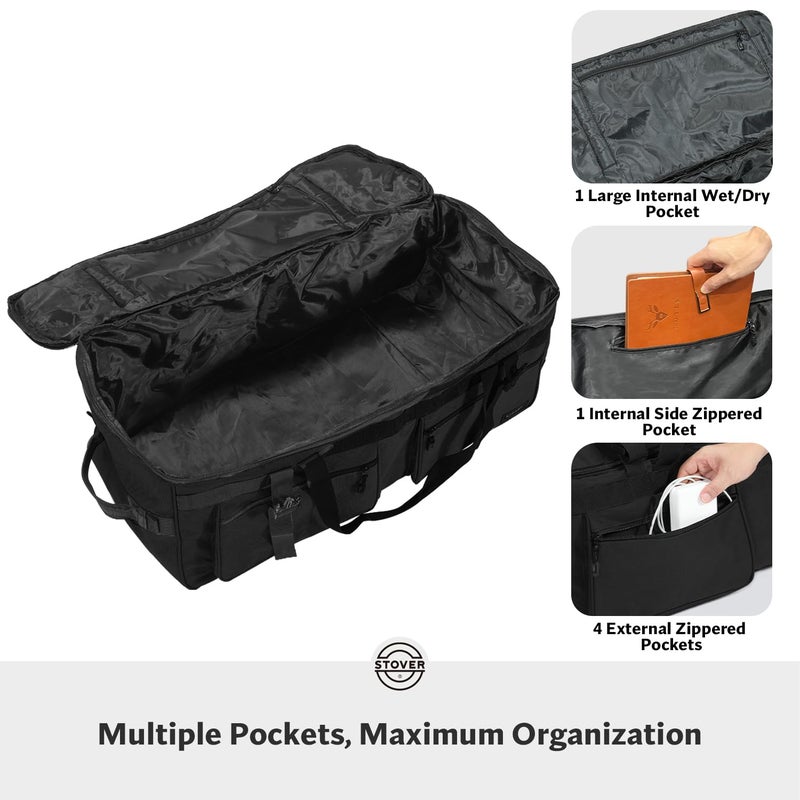 STOVER 100L U-Zip Rolling Duffel Bag with Wheels, X-Large Durable Travel Duffle + Toiletry Bag, Heavy Duty, Lay-Flat Opening, Packable w/Shoulder Straps- Use as Luggage or Backpack, Men/Women (Black) - Image 4