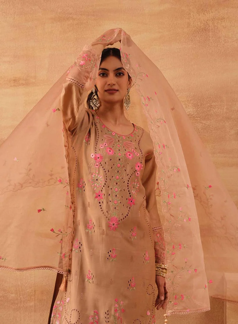 آي شين Women's Brown Roman Silk Embroidered Tunic Upper With Full Palazzo Regular Fit 3 Piece Kurta Set