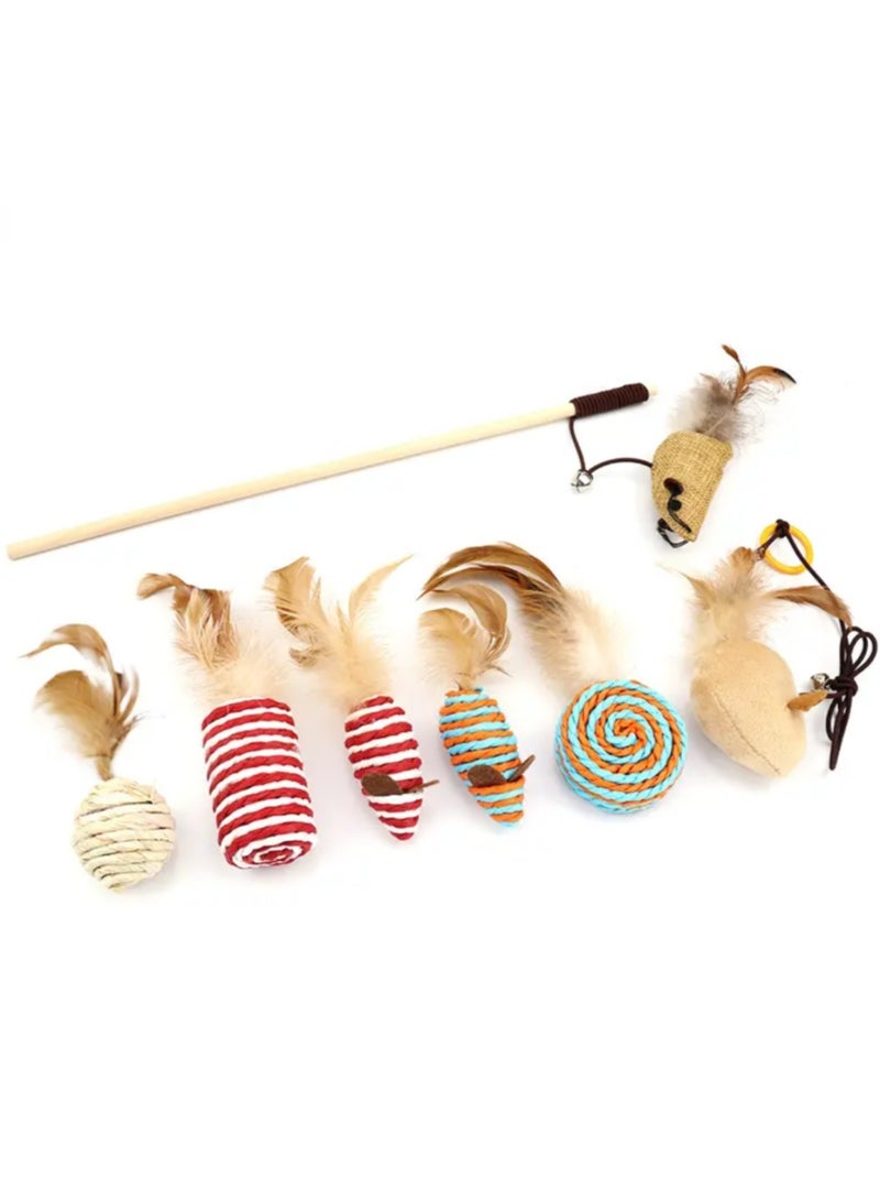 Interactive Cat Toy Set with Play Wand, includes 7 different toys with feathers and ropes, stimulation and entertainment toy for indoor cats, cat teaser wand that helps activate natural hunting instincts, suitable for all cat sizes - Image 1