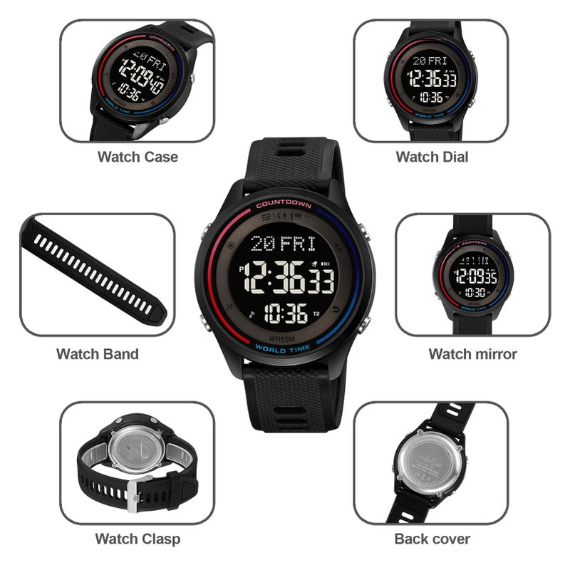 SKMEI 2348 Digital Watch for Men Women with Backlight 50M Water Resistant World Time Daily Alarm Snooze Hourly Chime Stopwatch Countdown Daylight Saving Time 12/24 Hour Format - Image 4
