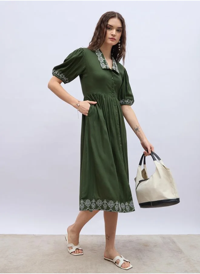 ستايلي Styli Embroidered V-Neck Puff Sleeve A-Line Midi Dress