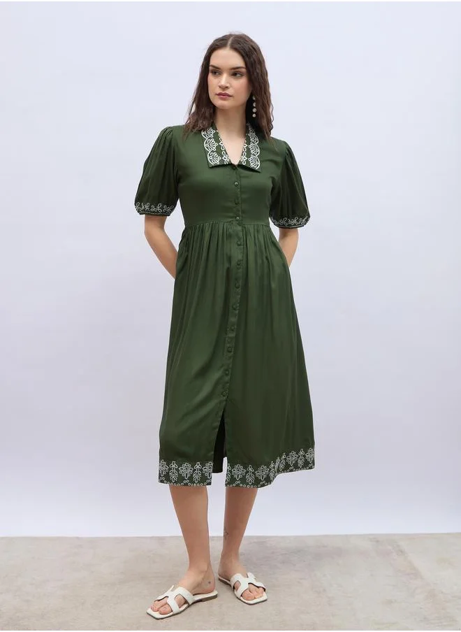 ستايلي Styli Embroidered V-Neck Puff Sleeve A-Line Midi Dress