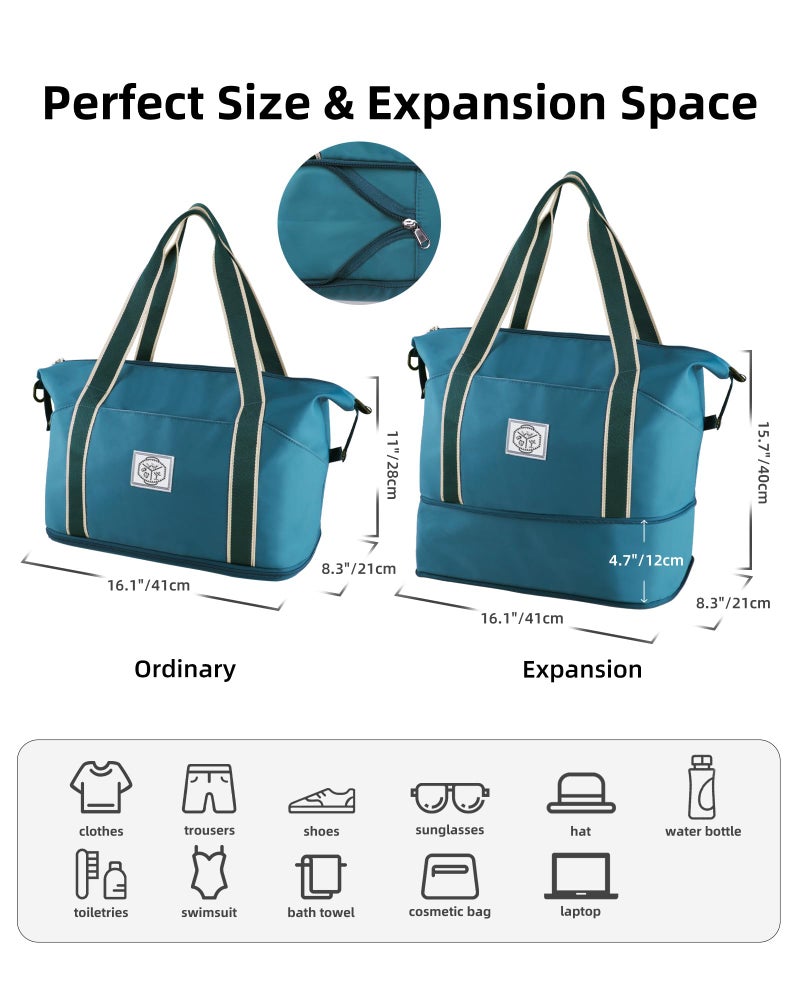 WALNEW Travel Duffel Bag, Weekender Overnight Carry On Bag for Women Men, Foldable Waterproof Gym Luggage with Metal Buckle Detachable Shoulder Strap and Wet Compartment (Peacock Blue) - Image 3
