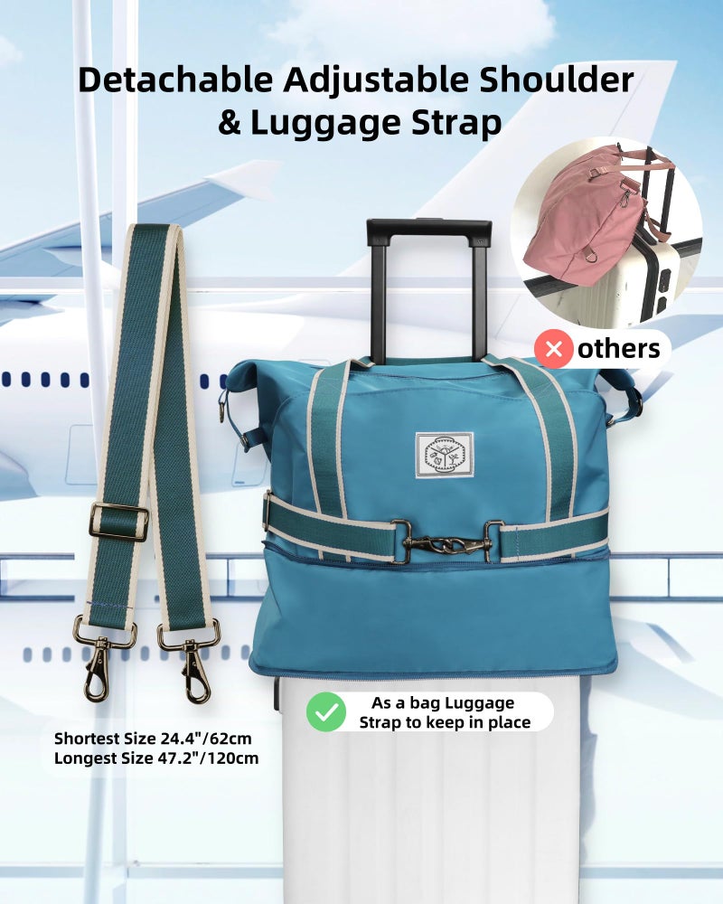 WALNEW Travel Duffel Bag, Weekender Overnight Carry On Bag for Women Men, Foldable Waterproof Gym Luggage with Metal Buckle Detachable Shoulder Strap and Wet Compartment (Peacock Blue) - Image 4
