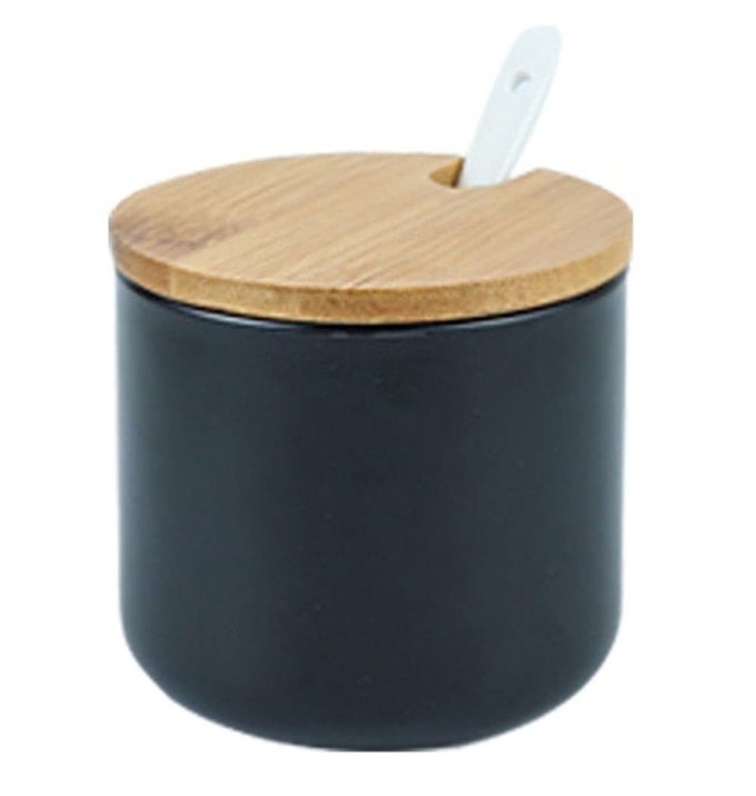 SIMPLE PURE COLOR CERAMIC SPICE JAR SEASONING BOX CONDIMENT POT SUGAR BOWL WITH BAMBOO LID AND SPOON